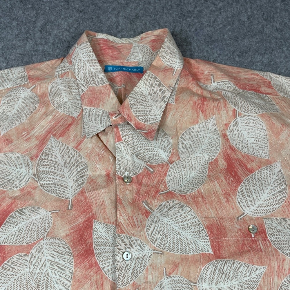 Tori Richard Hawaiian Camp Shirt Mens 4XT Coral Leaf Print Cotton Lawn Aloha